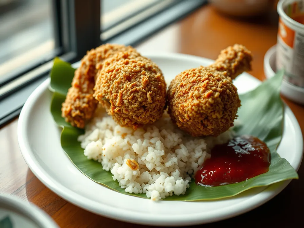 Ayam Berempah — The signature. Overnight 16-spice marinade, fried golden, buried in crunch.