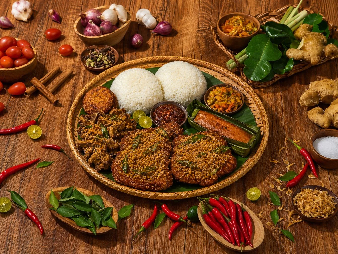 The Berempah Bros Feast For 2 — two crumb-topped proteins, begedil, otah, achar and coconut rice on a rattan tray