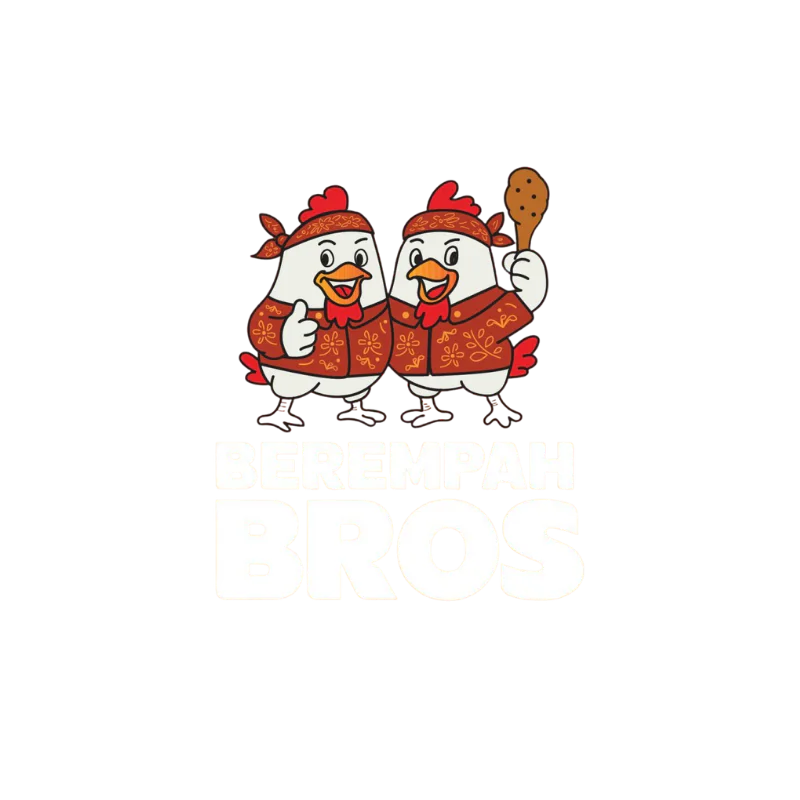 The Berempah Bros mascots — two chickens in batik vests, one holding a drumstick