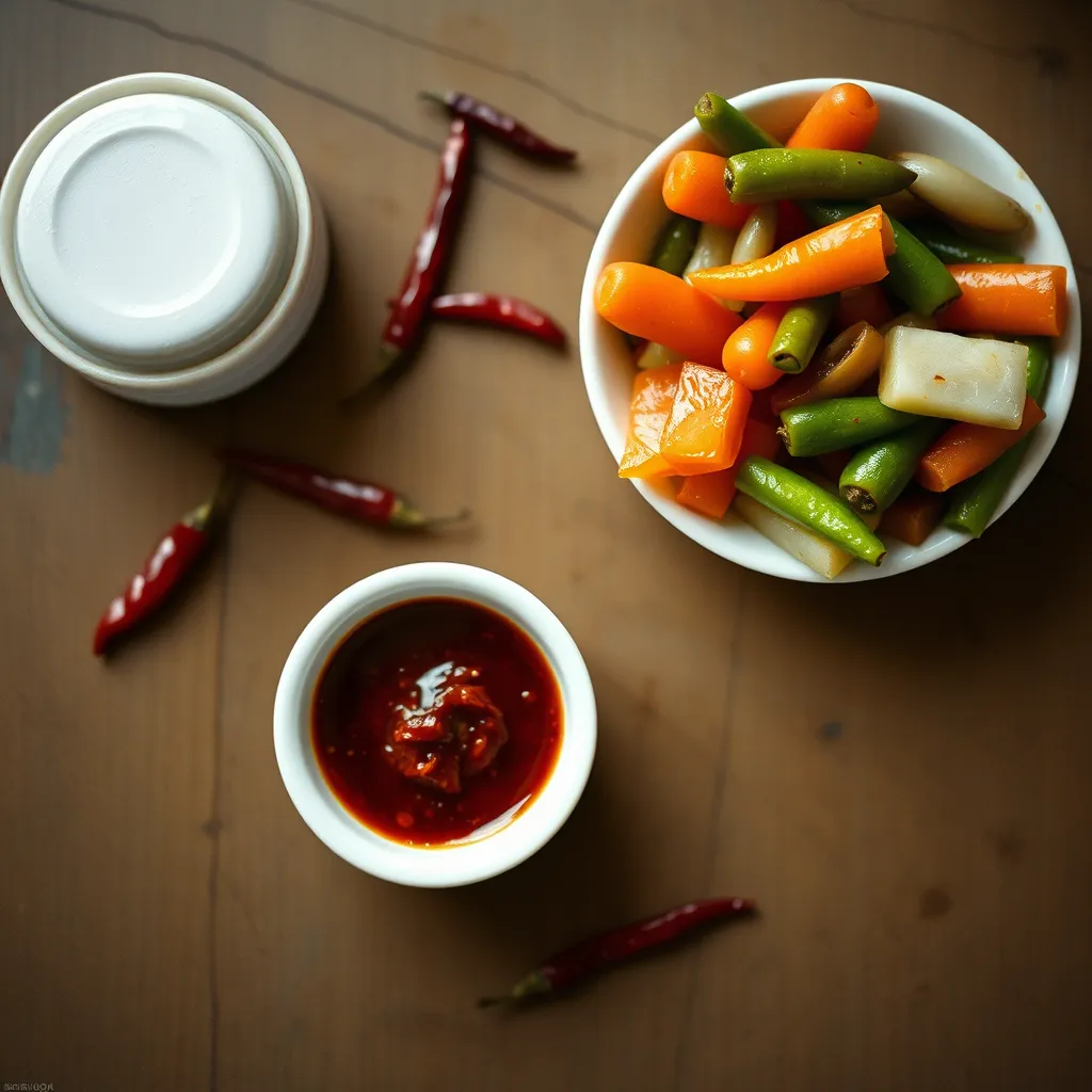 Sambal belachan and achar on a hawker table