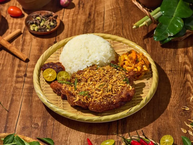 Ayam Berempah with coconut rice and sambal